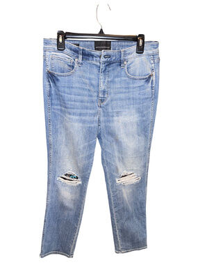 White House Black Market High Rise Straight Jeans Distressed Beaded Size 10